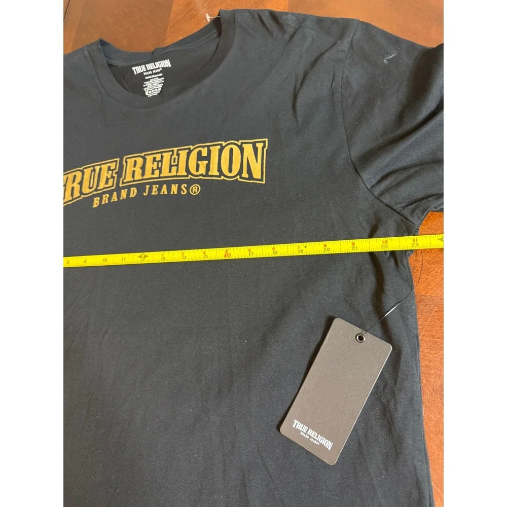 True Religion Mens Graphic T-Shirt Black Gold Logo Short Sleeve 2XL